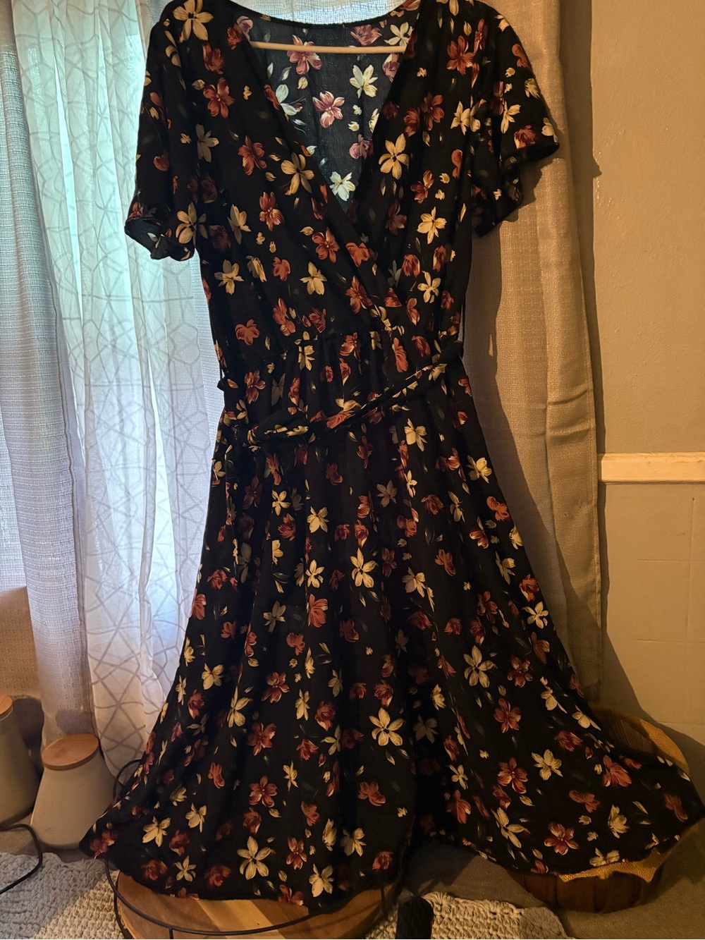SHEIN Black Floral Wrap Midi Dress with Cream & Rust Blooms